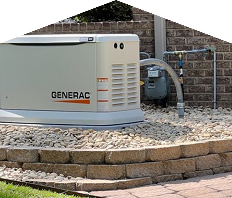 Generac standby generator installed by Mr. Furnace on a raised stone platform beside a brick wall, connected to a natural gas meter for backup power supply. Generac standby generator installed by Mr. Furnace on a raised stone platform beside a brick wall, connected to a natural gas meter for backup power supply.