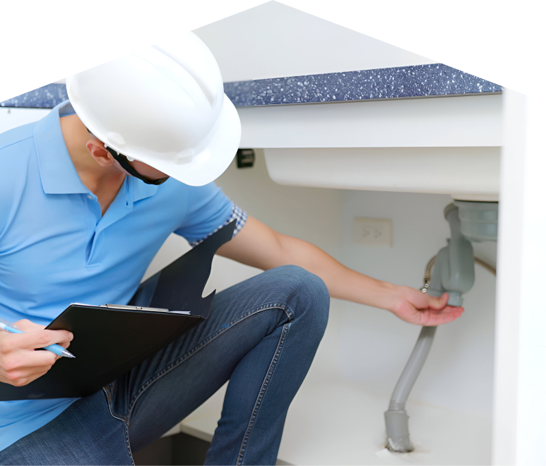 Mr. Furnace plumbing specialist wearing a white hard hat, blue polo, and jeans, holding a clipboard while inspecting pipes under a sink for a water leak detection check. Mr. Furnace plumbing specialist wearing a white hard hat, blue polo, and jeans, holding a clipboard while inspecting pipes under a sink for a water leak detection check.